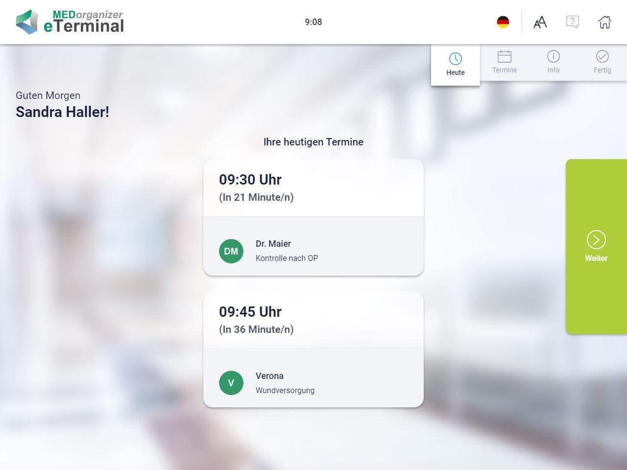 MEDorganizer eTerminal Self-Check-In Terminanzeige