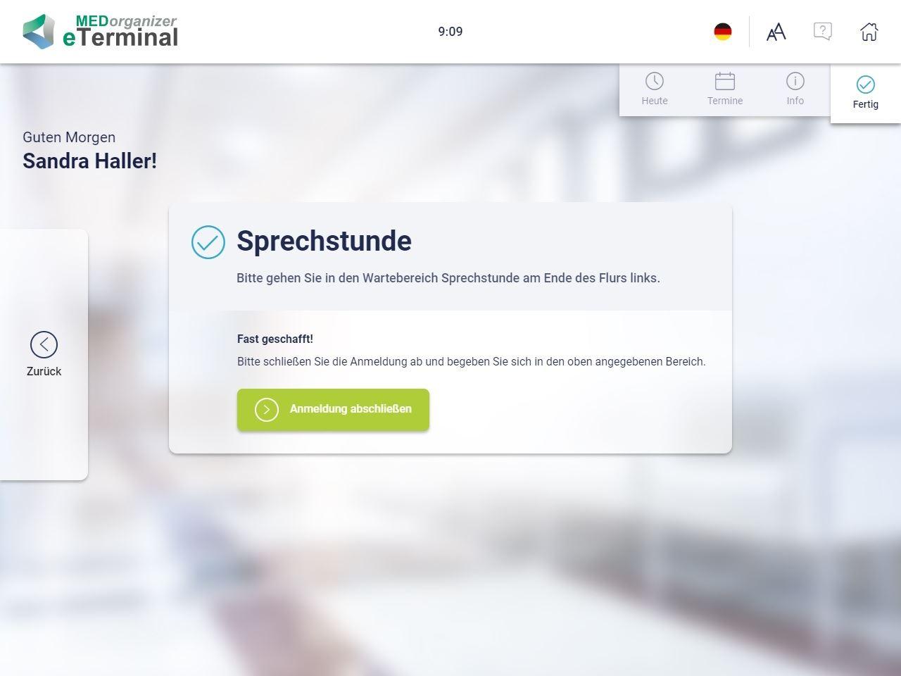 MEDorganizer eTerminal Self-Check-In Ankunftsbestätigung